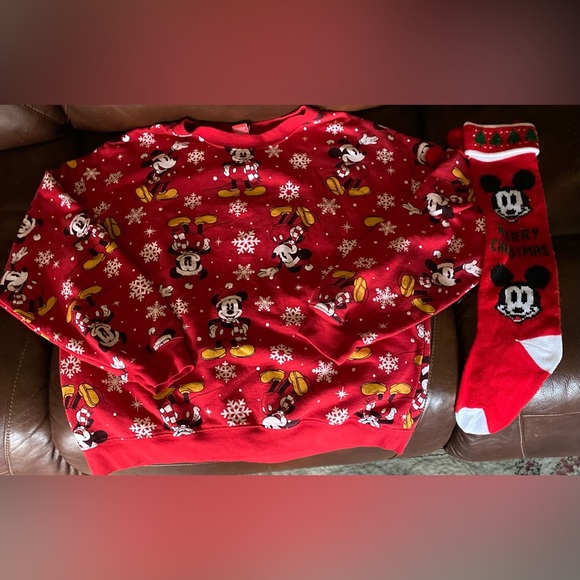 Mickey Mouse SET Unisex Juniors Printed Snowflake Holiday Sweatshirt & Stocking - Picture 2 of 8
